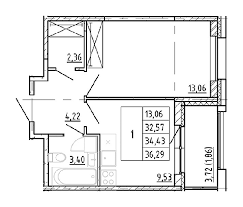 1-комнатная квартира 32.57 м², 2/12 эт., ЖК «Полис Новоселье»